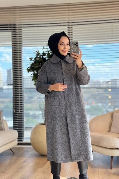 35859 Peluş Uzun Kaban Antrasit