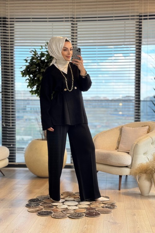 35881 Kruvaze Düğmeli Triko Pantolonlu Takım Siyah
