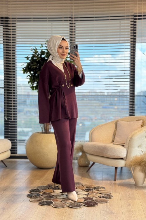 35881 Kruvaze Düğmeli Triko Pantolonlu Takım Bordo