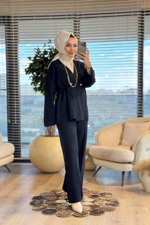 35881 Kruvaze Düğmeli Triko Pantolonlu Takım Lacivert