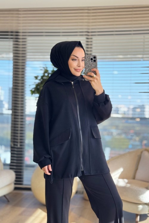 35901 Kesik Ve Cep Detaylı Bomber Ceket Siyah