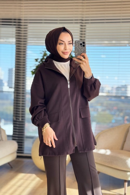 35901 Kesik Ve Cep Detaylı Bomber Ceket Kahve