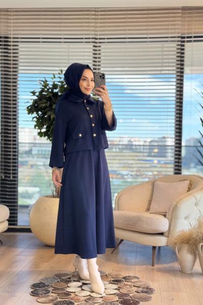 36053 Cep Detaylı Düğmeli Etekli Takım Lacivert