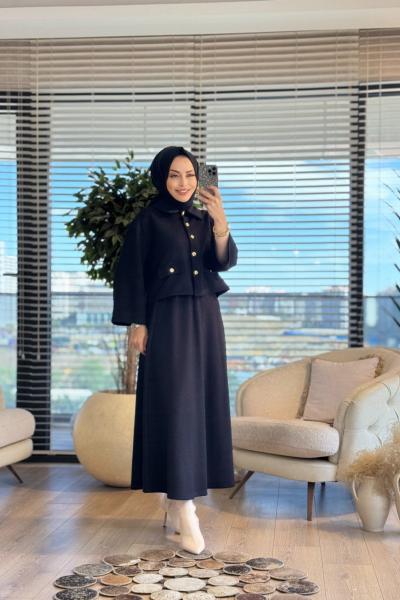 36053 Cep Detaylı Düğmeli Etekli Takım Siyah