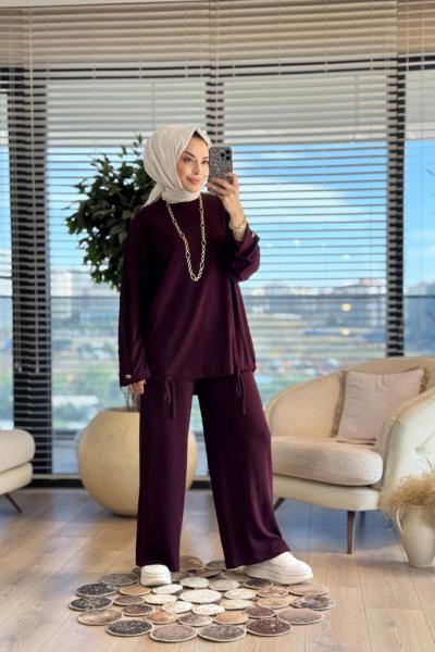 36068 Pile Detaylı Pantolonlu Takım Bordo