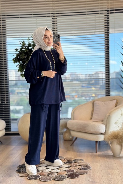 36068 Pile Detaylı Pantolonlu Takım Lacivert
