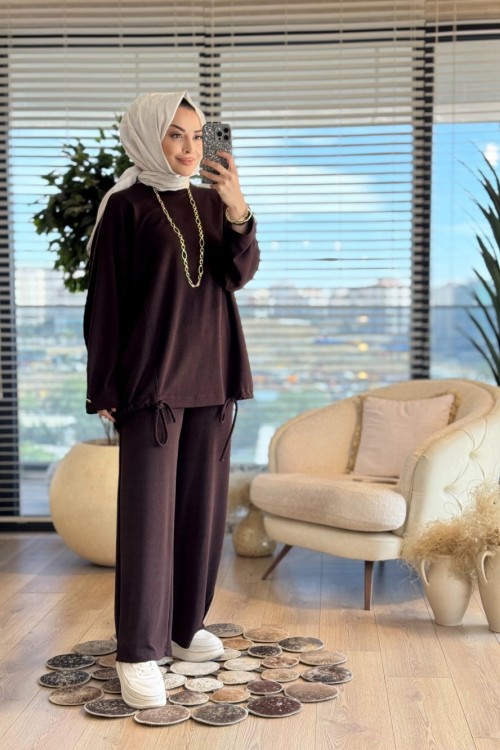 36068 Pile Detaylı Pantolonlu Takım Kahve