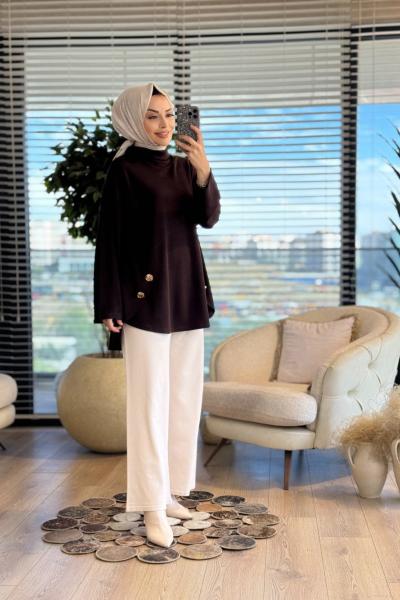 36070 Kesik Detaylı Tunik Kahve