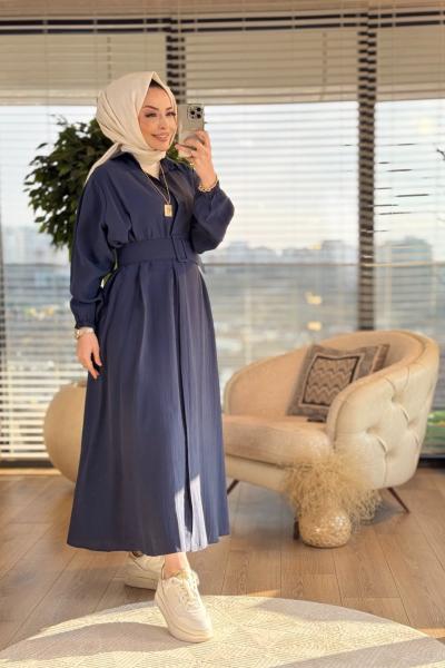 361 Kemerli Önden Düğmeli Elbise Lacivert