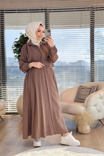 361 Kemerli Önden Düğmeli Elbise Kahve