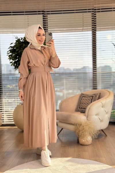 361 Kemerli Önden Düğmeli Elbise Latte