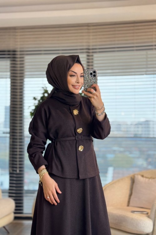 36116 Gold Düğmeli Yarasa Kol Takım Kahve