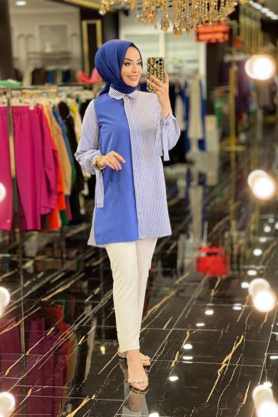 3620 Doğa Sol Taraf Düz Sağ Taraf Çizgili Tunik Lacivert