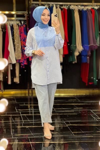 3621 Peru Önü Dikişli Çizgili Tunik Mavi