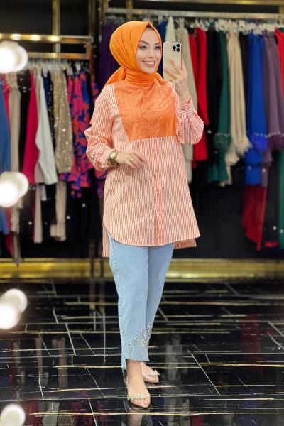 3621 Peru Önü Dikişli Çizgili Tunik Turuncu