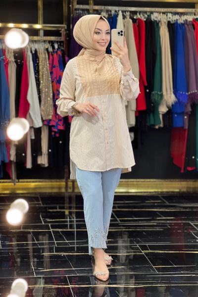 3621 Peru Önü Dikişli Çizgili Tunik Vizon