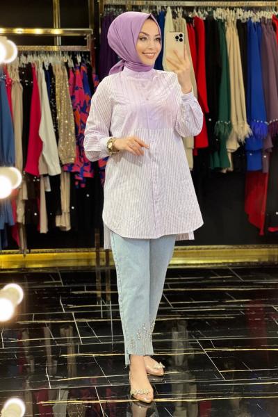 3621 Peru Önü Dikişli Çizgili Tunik Lila
