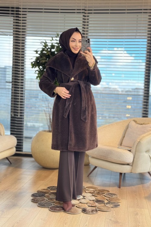 36234 Geniş Yakalı Düğmeli Kaban Kahve