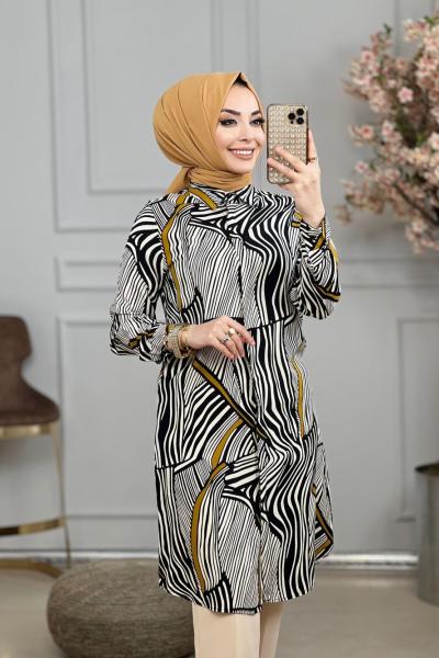 3630 Karışık Desen Tunik Siyah Hardal