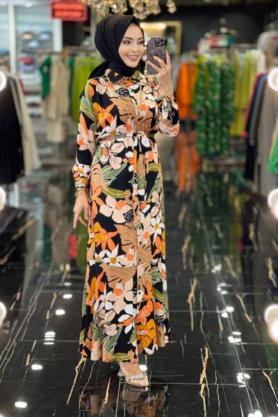 3645 Kolu Bağcıklı Desenli Elbise Standart