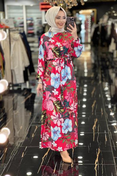 3646 Büyük Çiçek Desen Elbise Kırmızı
