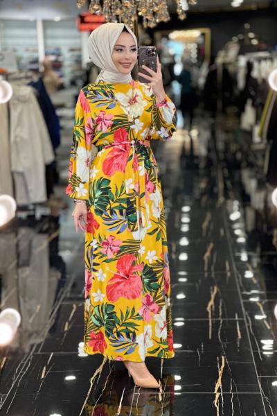 3646 Büyük Çiçek Desen Elbise Hardal