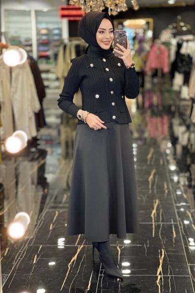 3656 Metal Düğme Önü Cepli Kısa Hırka  Siyah