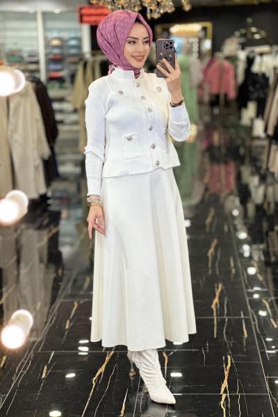 3656 Metal Düğme Önü Cepli Kısa Hırka  Ekru