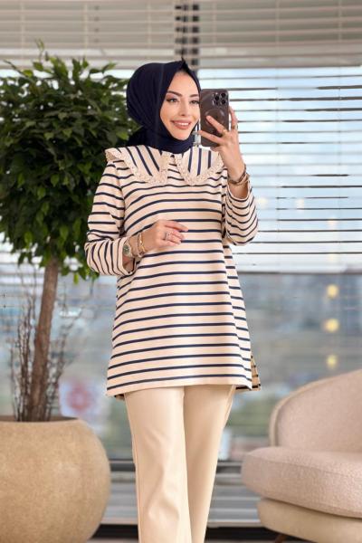 3663 Yakası Dantelli Çizgili Sweat Lacivert