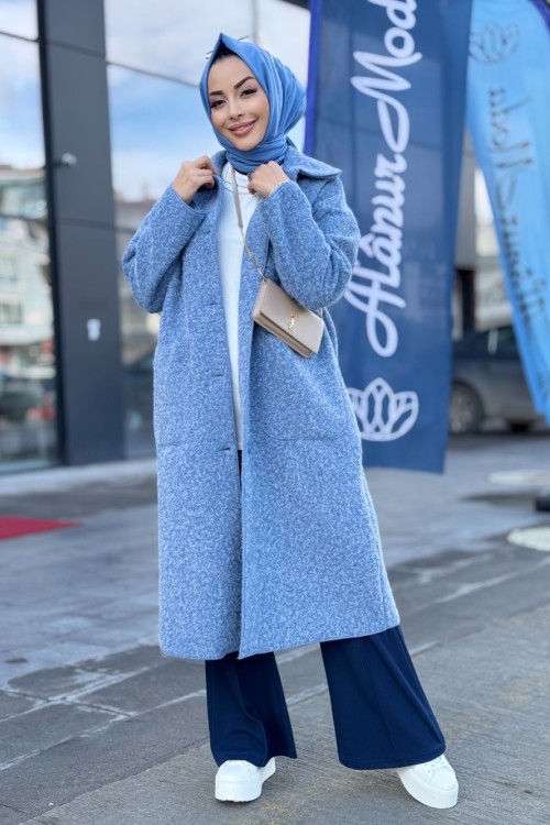 36638 Melanjlı Kaşe Bukle Kaban Mavi