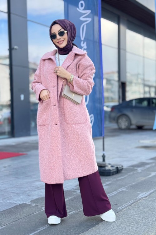 36638 Melanjlı Kaşe Bukle Kaban Pembe