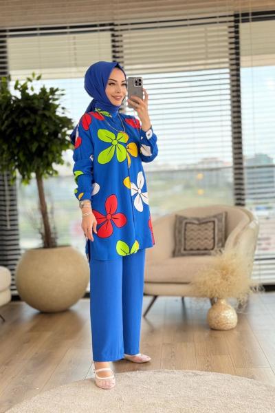 3695 Büyük Çiçek Desen Tunik Saks