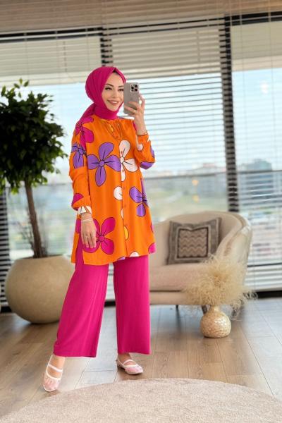 3695 Büyük Çiçek Desen Tunik Oranj