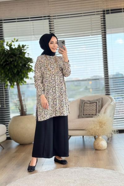 3697 Küçük Çiçek Desenli Tunik Siyah
