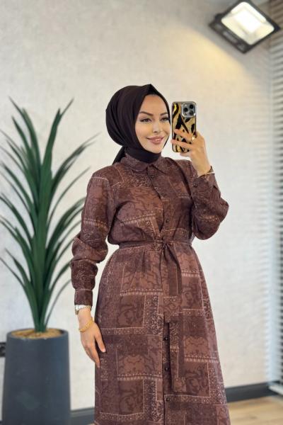 3751-1 Desenli Leyla Elbise Kahve