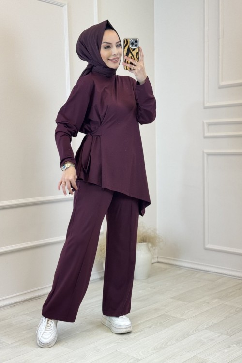 37974 Taşlı Asimetrik Pantolon Takım Bordo