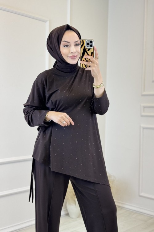 37974 Taşlı Asimetrik Pantolon Takım Kahve