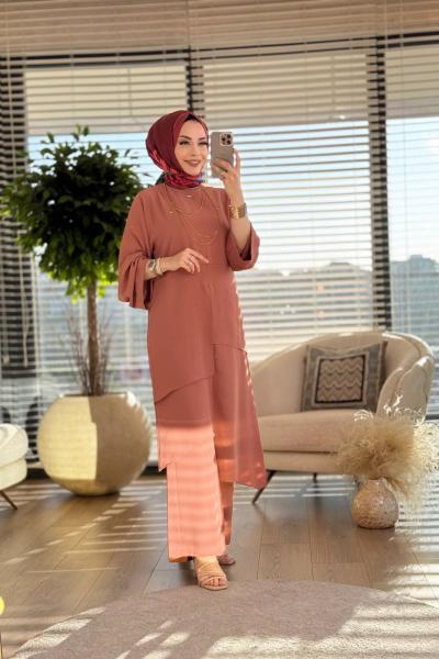 3903 Ön Parça Ve Yırtmaç Detay Uzun Tunik Takım  Gül