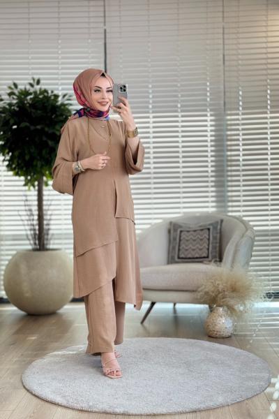 3903 Ön Parça Ve Yırtmaç Detay Uzun Tunik Takım Latte