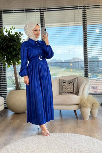 3905 Saten Kendinden Çizgili Elbise Saks