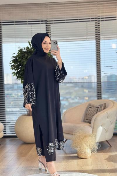 3909 Payet Detaylı Tunik Siyah Gümüş