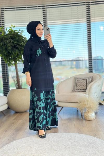 3912 Pantolonu Desenli Takım Siyah Yeşil