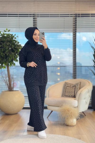 3919 İki İplik Ön Ve Pantolonu Serpme Taşlı Takım Siyah