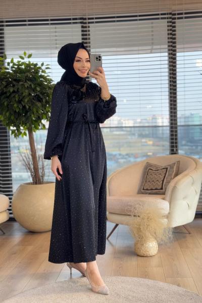 3920 Üstü Serpme Taşlı Elbise Siyah
