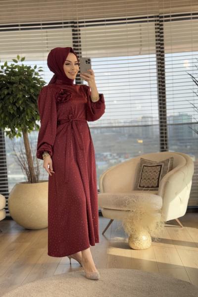 3920 Üstü Serpme Taşlı Elbise Bordo