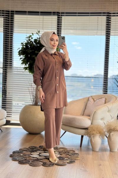 3941 Ön Üç Cepli Metal Düğmeli Takım Kahve
