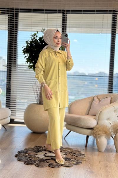 3941 Ön Üç Cepli Metal Düğmeli Takım Sarı