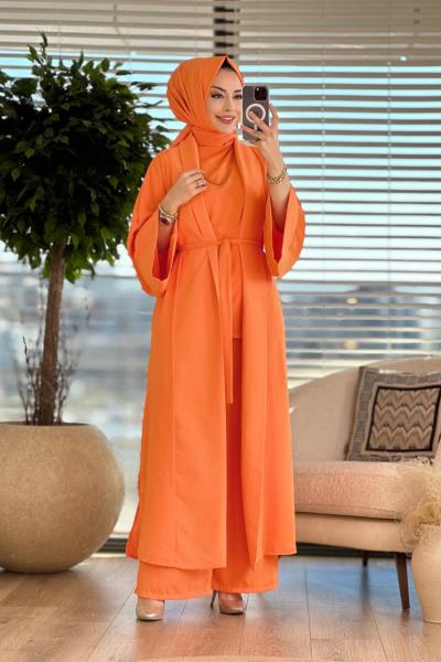 395 Şal Aksesuarlı 3lü Kimono Takım Oranj
