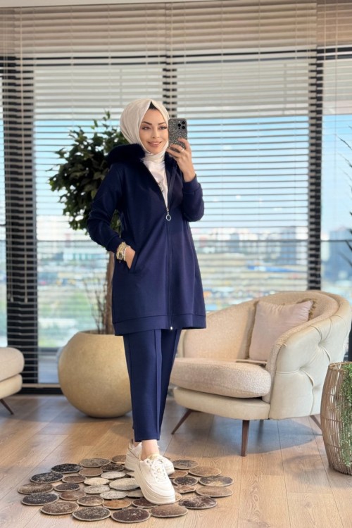 3950 Yaka Kürklü Fermuarlı Takım Lacivert