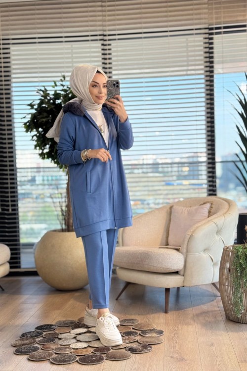3950 Yaka Kürklü Fermuarlı Takım İndigo